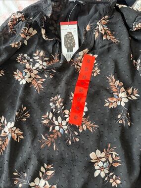 Hilary Radley Black Floral Tie-Neck Peasant Blouse